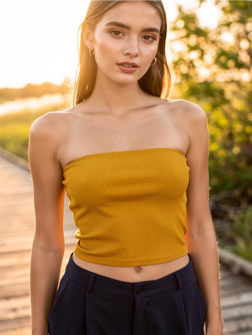 Topshop Yellow Ribbed Strapless Tube Top Y2K Festival US 10